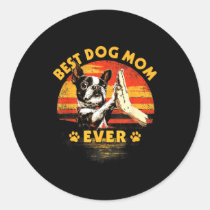 Boston terrier mom retro sunset funny dog mother's classic round sticker
