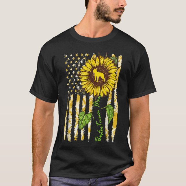 Boston Terrier Mom Sunflower American Flag Dog T-Shirt (Front)