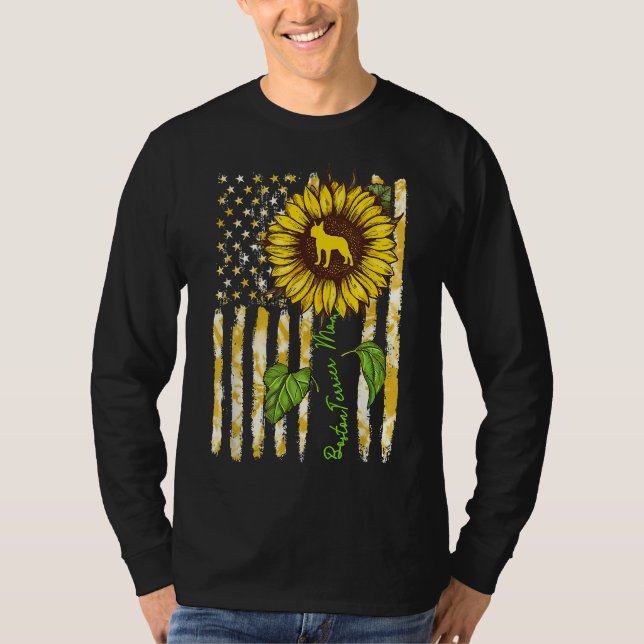 Boston Terrier Mom Sunflower American Flag Dog T-Shirt (Front)