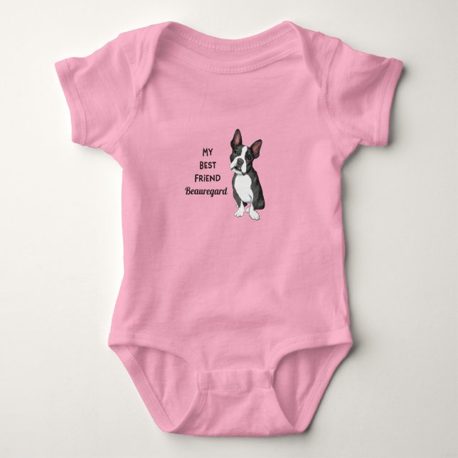 Boston Terrier My Best Friend Custom Name Pink Baby Bodysuit (Front)
