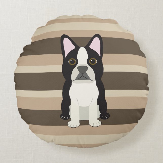 Boston Terrier Neutral striped  Round Pillow (Front)