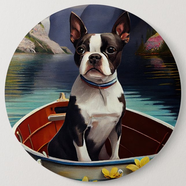Boston Terrier on a Paddle: A Scenic Adventure Button (Front)