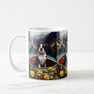 Boston Terrier on a Paddle: A Scenic Adventure Coffee Mug