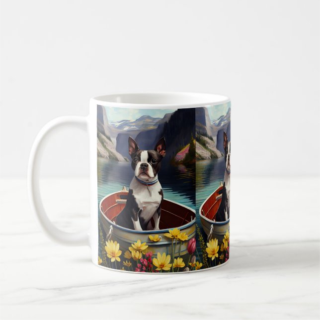 Boston Terrier on a Paddle: A Scenic Adventure Coffee Mug (Left)