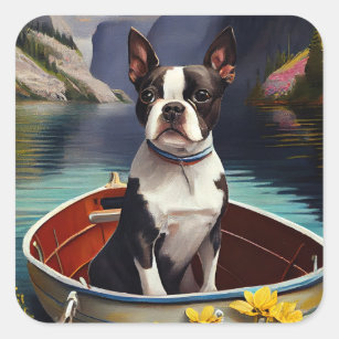 Boston Terrier on a Paddle: A Scenic Adventure Square Sticker