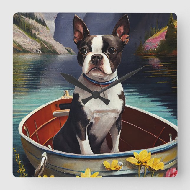 Boston Terrier on a Paddle: A Scenic Adventure Square Wall Clock (Front)