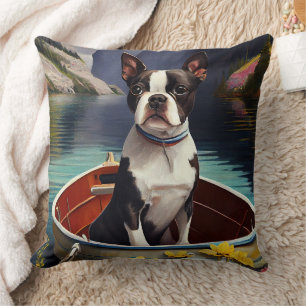 Boston Terrier on a Paddle: A Scenic Adventure Throw Pillow