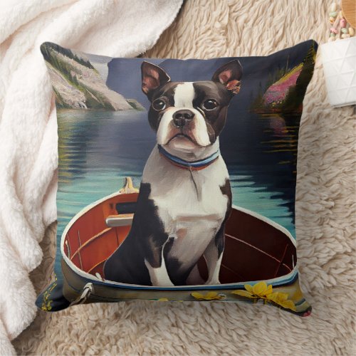Boston Terrier on a Paddle A Scenic Adventure  Throw Pillow