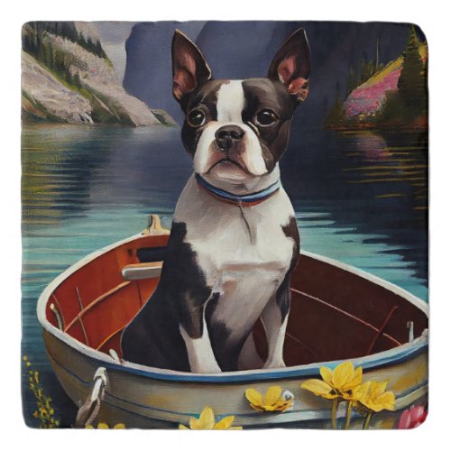 Boston Terrier on a Paddle A Scenic Adventure Trivet