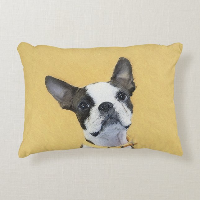 Boston Terrier Painting - Cute Original Dog Art Accent Pillow (Front)