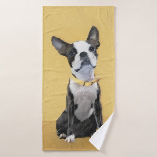 Boston Terrier Painting - Cute Original Dog Art Bath Towel Set