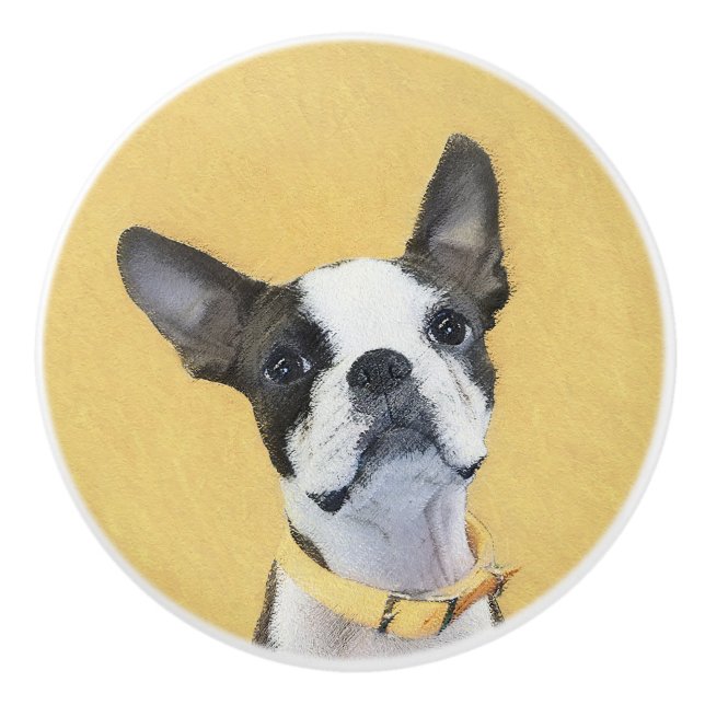 Boston Terrier Painting - Cute Original Dog Art Ceramic Knob (Front)