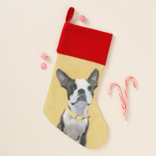 Boston Terrier Painting - Cute Original Dog Art Christmas Stocking