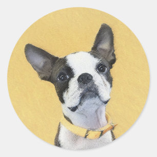 Boston Terrier Painting - Cute Original Dog Art Classic Round Sticker