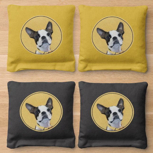 Boston Terrier Painting - Cute Original Dog Art Cornhole Bags (Wood)