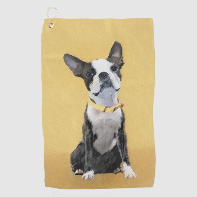 Boston Terrier Painting - Cute Original Dog Art Golf Towel (Front)