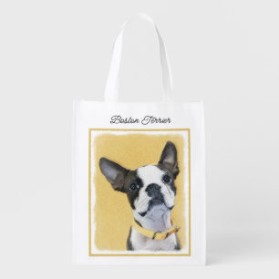 Boston Terrier Painting - Cute Original Dog Art Grocery Bag