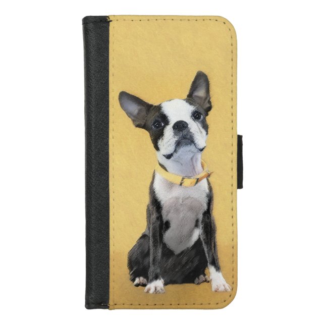 Boston Terrier Painting - Cute Original Dog Art iPhone Wallet Case (Front)
