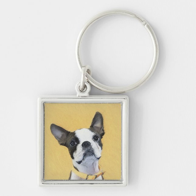Boston Terrier Painting - Cute Original Dog Art Keychain (Front)