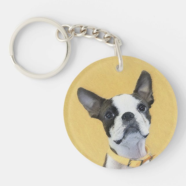 Boston Terrier Painting - Cute Original Dog Art Keychain (Front)