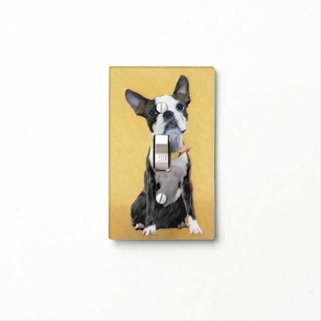 Boston Terrier Painting - Cute Original Dog Art Light Switch Cover (In Situ)