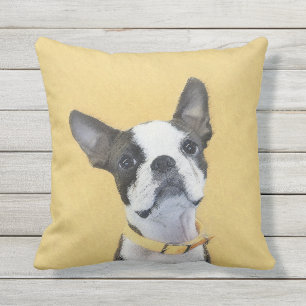 Boston Terrier Painting - Cute Original Dog Art Outdoor Pillow