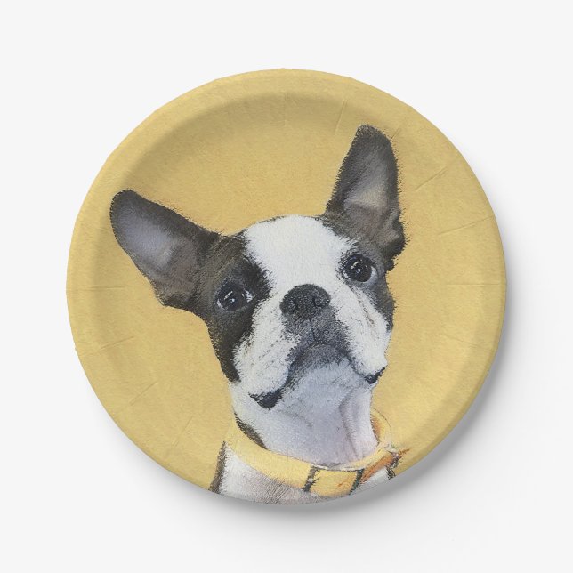 Boston Terrier Painting - Cute Original Dog Art Paper Plates (Front)