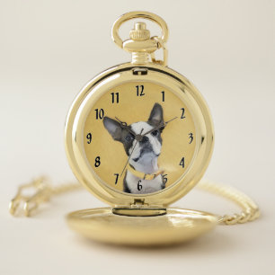 Boston Terrier Painting - Cute Original Dog Art Pocket Watch