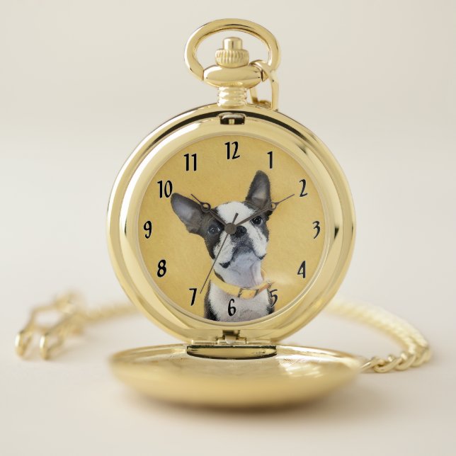 Boston Terrier Painting - Cute Original Dog Art Pocket Watch (Inside)
