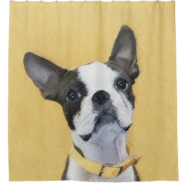 Boston Terrier Painting - Cute Original Dog Art Shower Curtain (Front)