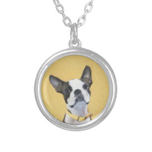 Boston Terrier Painting - Cute Original Dog Art Silver Plated Necklace