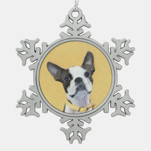 Boston Terrier Painting - Cute Original Dog Art Snowflake Pewter Christmas Ornament (Front)