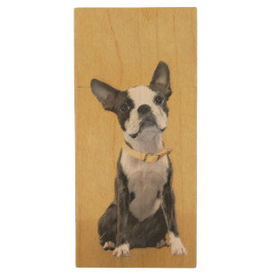 Boston Terrier Painting - Cute Original Dog Art Wood Flash Drive