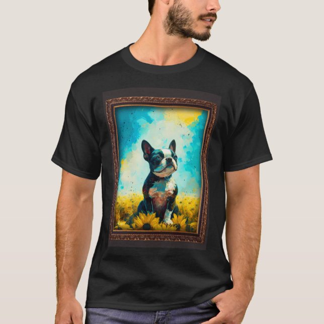 Boston Terrier Painting Sunflower Flower Mom Women T-Shirt (Front)