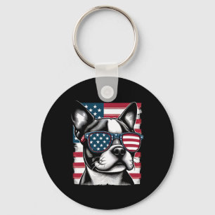 Boston Terrier Patriotic Sunglasess American Flag Keychain