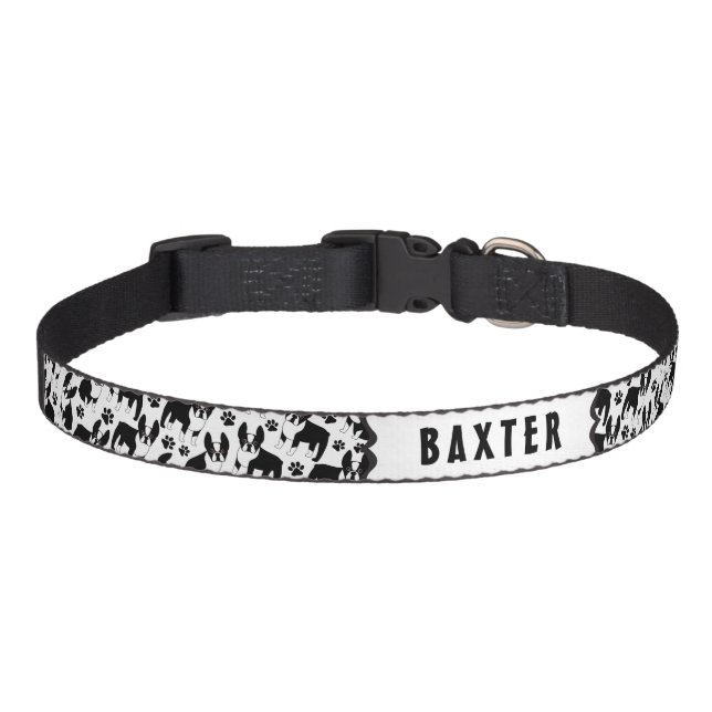 Boston Terrier Pattern with Dog's Name Pet Collar (Front)