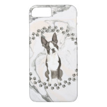 Boston Terrier Paw Prints and Marble Background