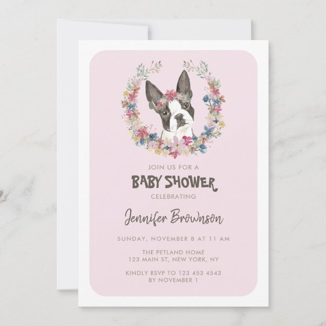 Boston Terrier Paws Pink Frame Dog Invitation (Front)