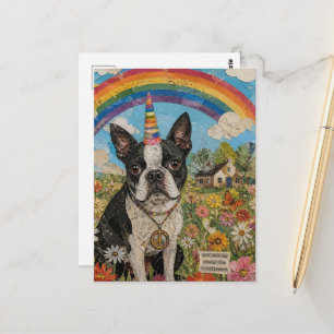 Boston Terrier Peace Unicorn in Wildflowers Postcard