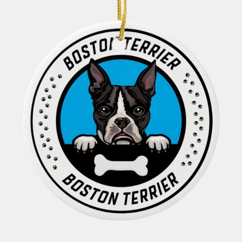 Boston Terrier Peeking Illustration Badge Ceramic Ornament
