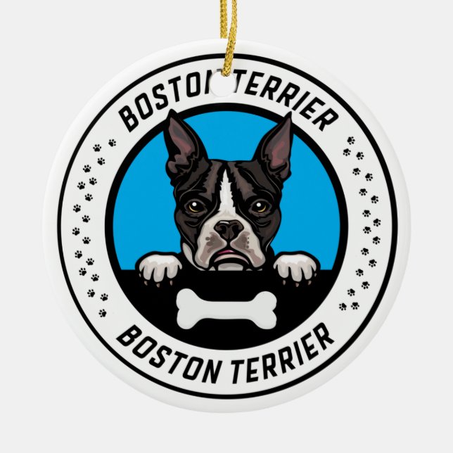 Boston Terrier Peeking Illustration Badge Ceramic Ornament (Front)