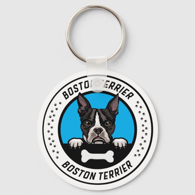 Boston Terrier Peeking Illustration Badge Keychain (Front)