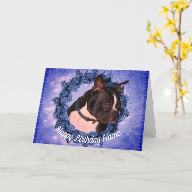 Boston Terrier Personalized Birthday Card (Yellow Flower)
