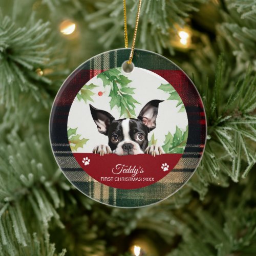 Boston Terrier Personalized First Christmas Ceramic Ornament