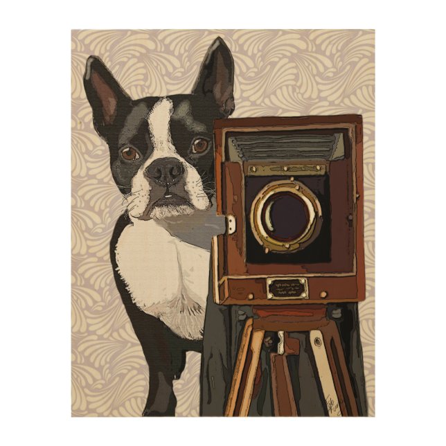 Boston Terrier Photographer Wood Wall Art (Front)