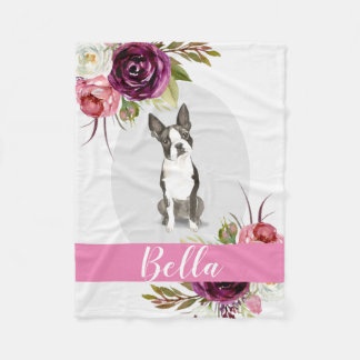Boston Terrier pink watercolor flowers Fleece Blanket