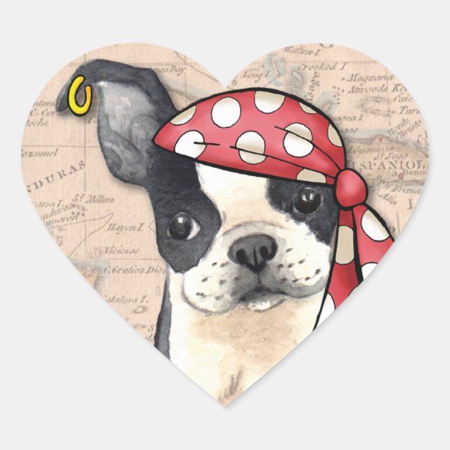 Boston Terrier Pirate Heart Sticker (Front)