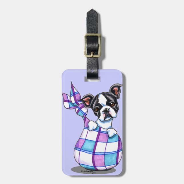 Boston Terrier Plaid Sack Puppy Luggage Tag (Front Vertical)