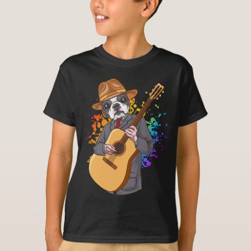 Boston Terrier Playing Acoustic Guitar Boy T_Shirt