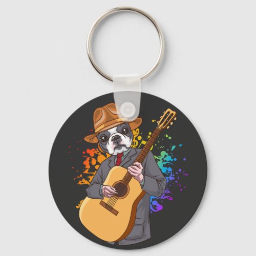 Boston Terrier Playing Acoustic Guitar Button Keychain